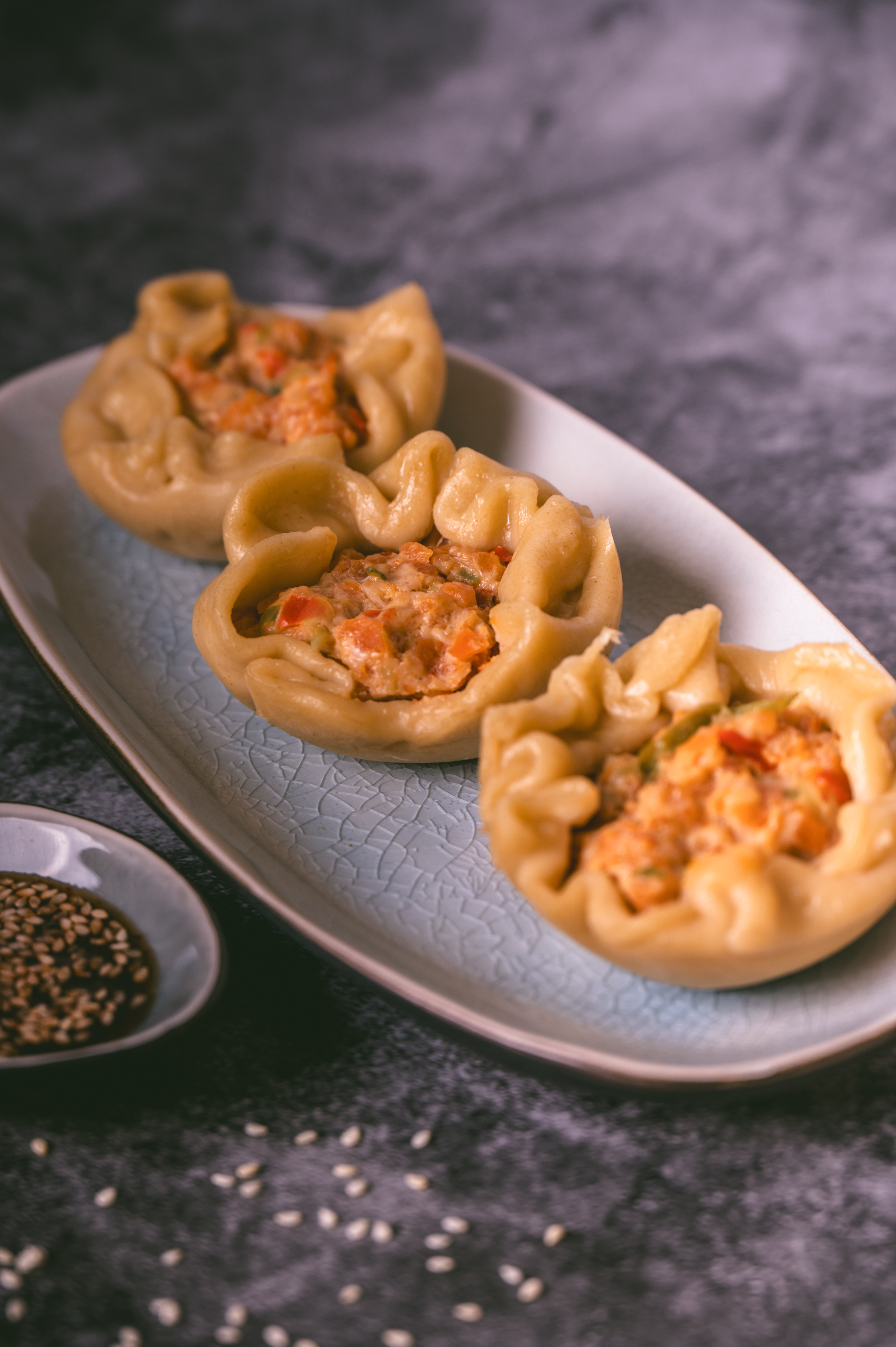 Thermomix gestoomde scampi pasteitjes